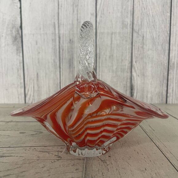 Murano Other - Red / White / Clear Striped Murano Glass Basket w/ Twisted Handle